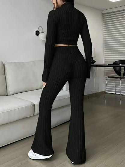 Zip Rib Knit Top and Pants Set