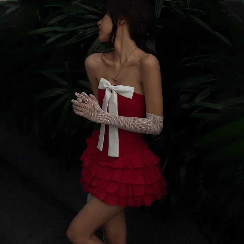 Bow Off Shoulder Ruffle Mini Dress