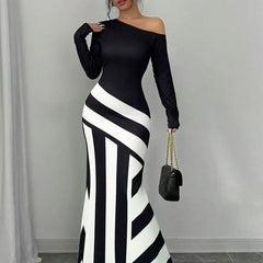 Striped Slant Collar Long Sleeve Dress