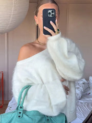 Off-Shoulder Solid Mohair Sweater