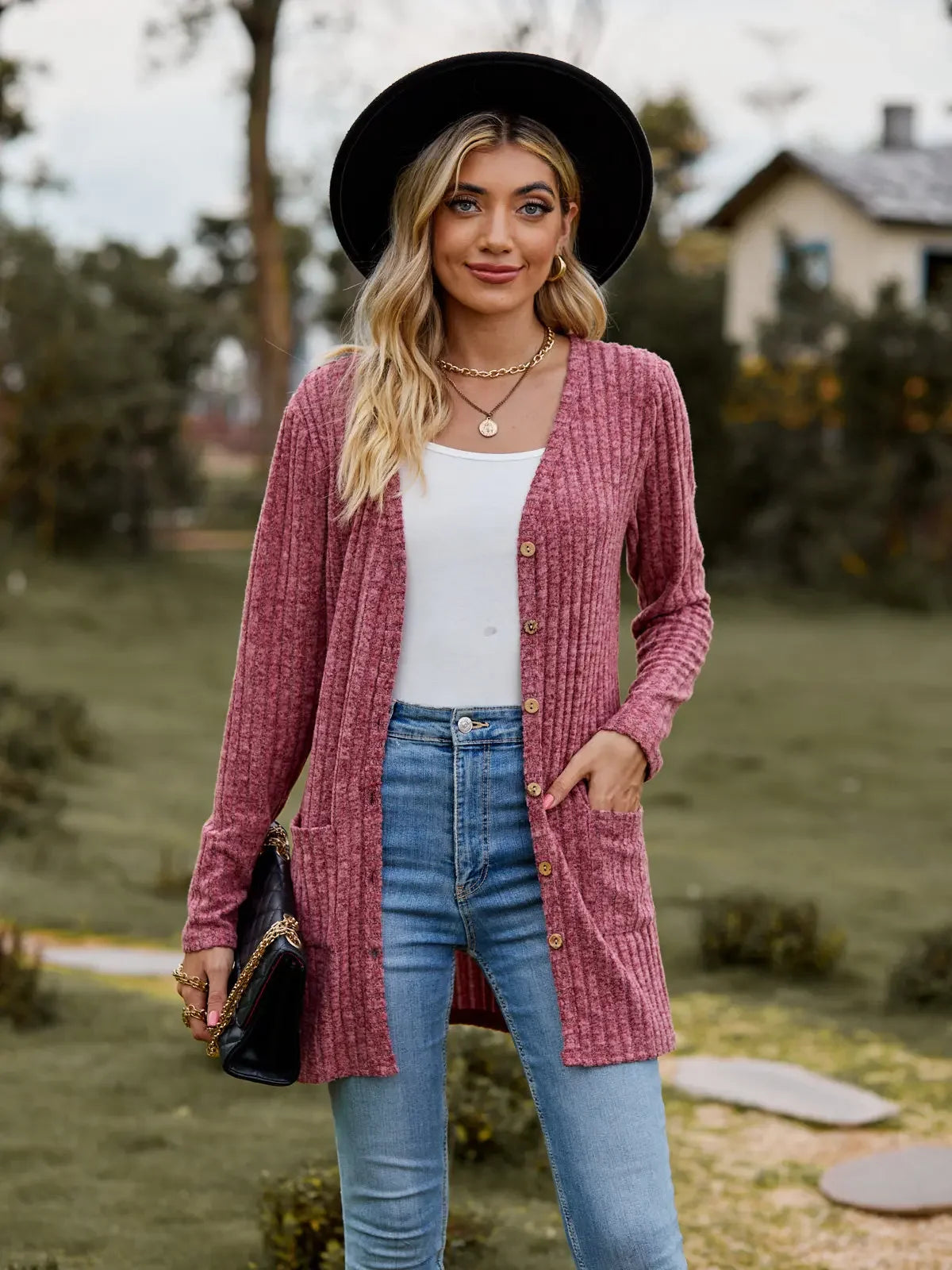 V-Neck Button Knit Cardigan