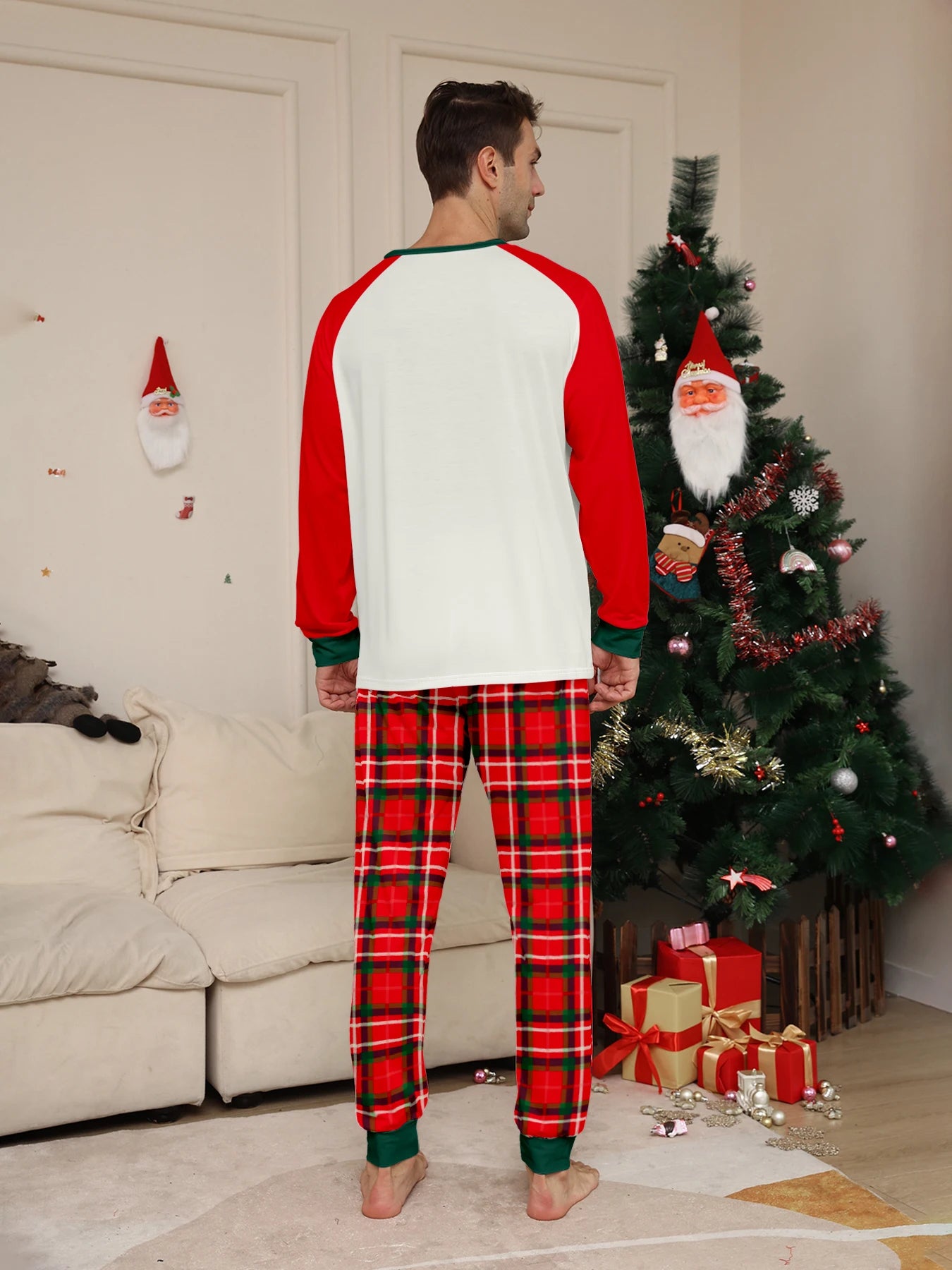 Raglan Sleeve Top & Red Plaid Pants Set