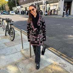 Printed V-Neck Tassel Knit Cardigan