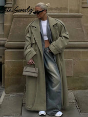 Solid Double Breasted Belted Loose Long Coat