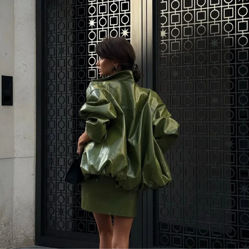 Green Faux Leather Jacket Pants Set