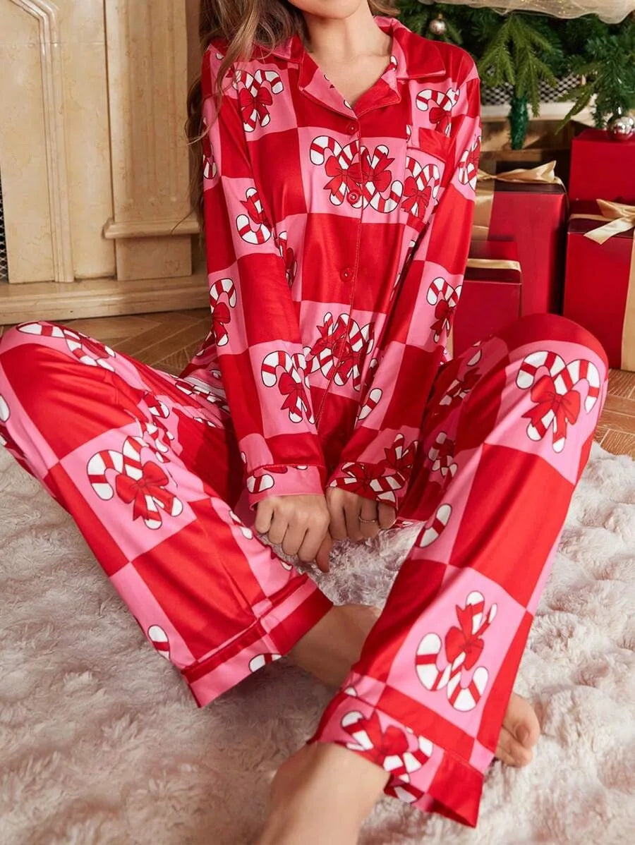 Cartoon Print Christmas Pajama Set