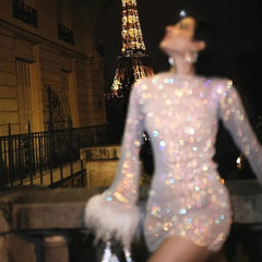 Mesh Feather Fringe Mini Dress