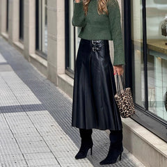 PU Leather High Waist Pleated Skirt