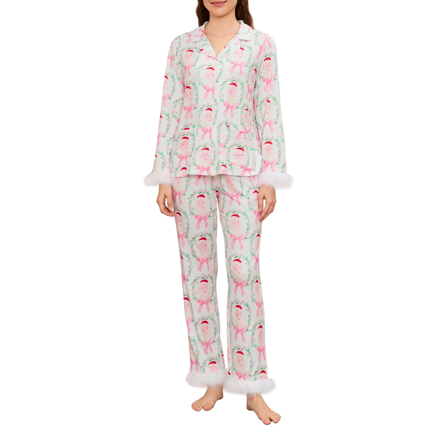 Feather Trim Santa Pajama Set