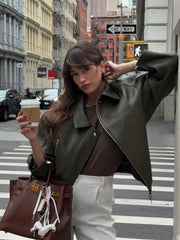 Army Green Leather Pleated Jacket