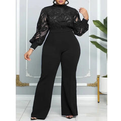 Lace Panel Long Sleeve Wide Leg Jumpsuit