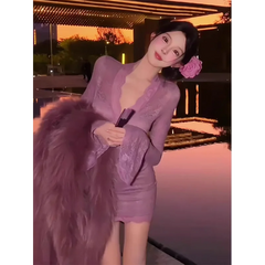 V-Neck Flared Sleeve Lace Mini Dress