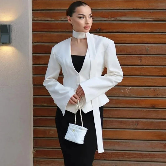V-Neck Cinched Waist Blazer Jacket