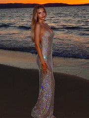 Beaded Diamond Backless Maxi Dress