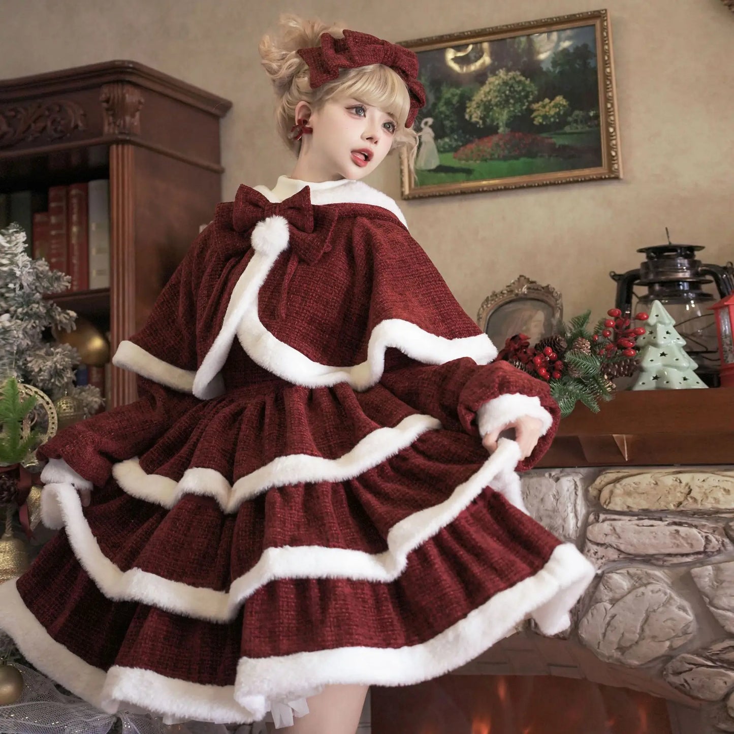 Burgundy Lolita Christmas Dress Set