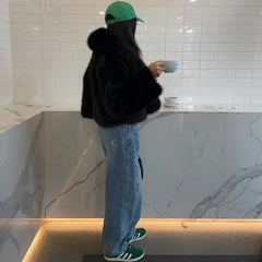 Black Faux Fur Plush Coat for Women