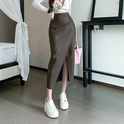 High Waist Front Split PU Leather Skirt