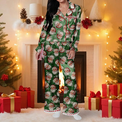 Santa Claus & Bow Print Satin Pajama Set