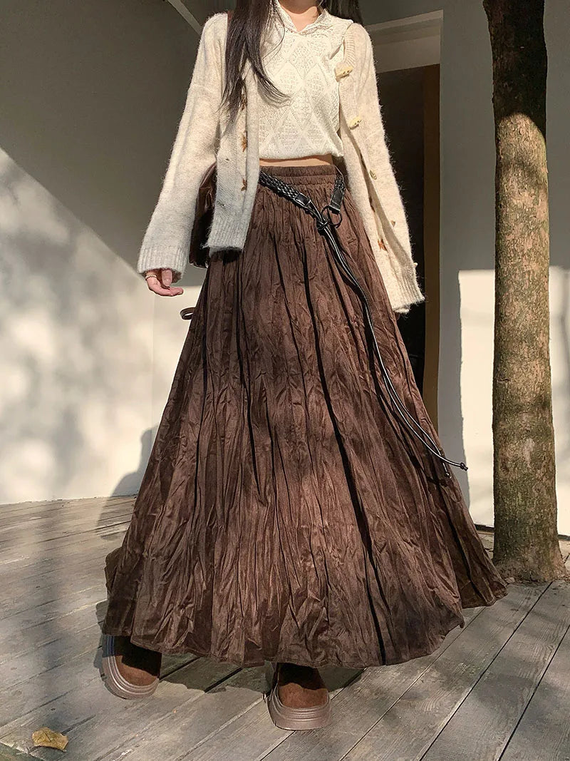 Elastic High Waist Pleated Maxi Skirt