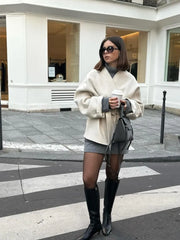 Collarless Woolen Belt Jacket