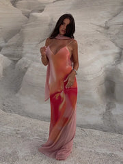 Scarf Printed Backless Long Dress