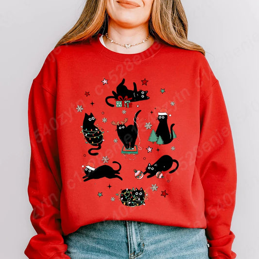 Christmas Light Black Cat Print Pullover