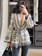 V-Neck Print Knit Cardigan With Belt