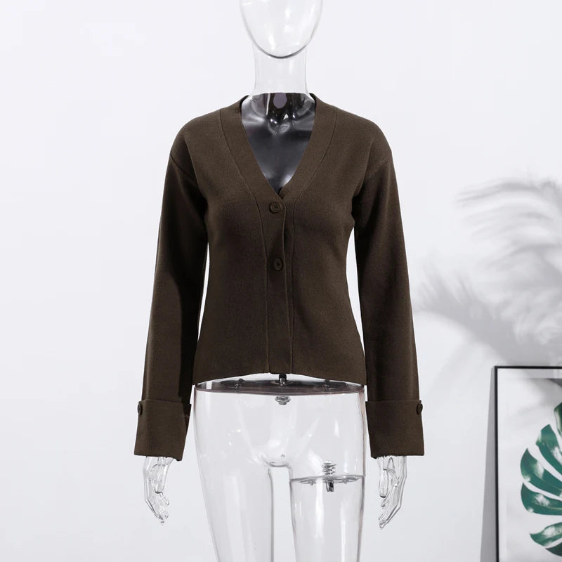 Solid Button V-Neck Cardigan