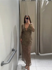 Sequin Mesh V-Neck Long Dress