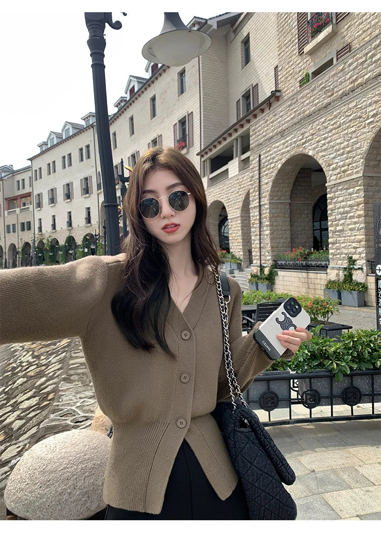 V-Neck Solid Knit Cardigan