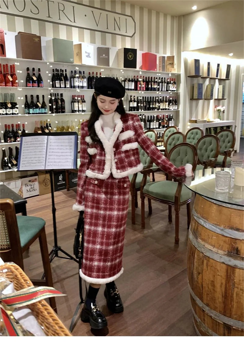 Red Checkered Coat & Skirt Suit