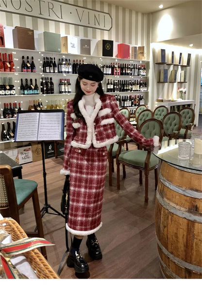 Red Checkered Coat & Skirt Suit