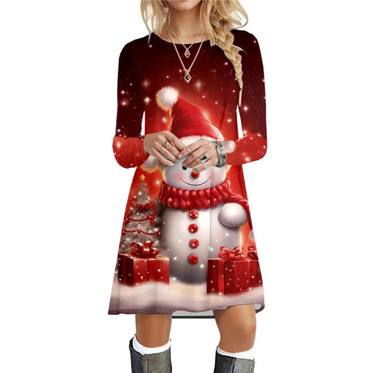 Snowman Print Long Sleeve Mini Dress