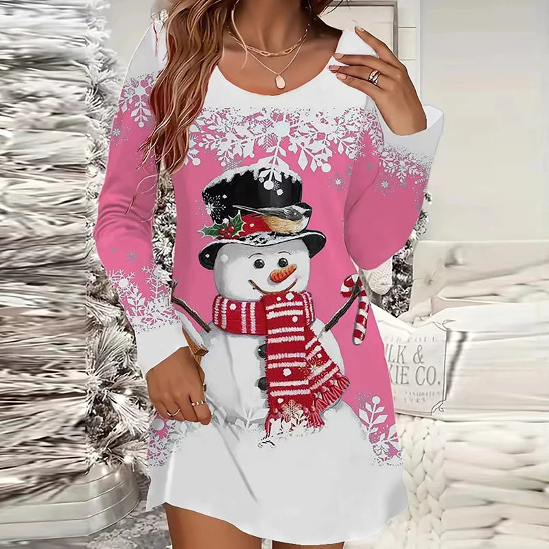 Snowman Print O-Neck Mini Dress