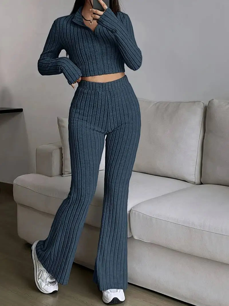 Zip Rib Knit Top and Pants Set