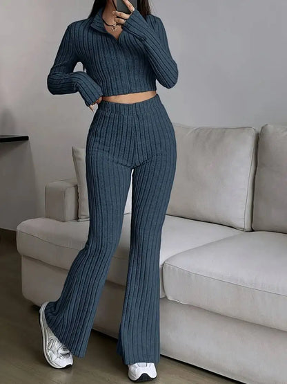 Zip Rib Knit Top and Pants Set