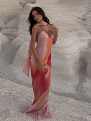 Scarf Printed Backless Long Dress