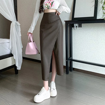 High Waist Front Split PU Leather Skirt