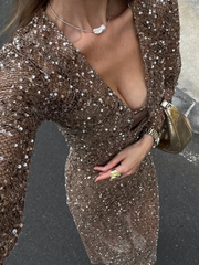 Sequin Mesh V-Neck Long Dress