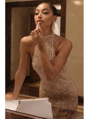 Backless Sequin Halter Maxi Dress