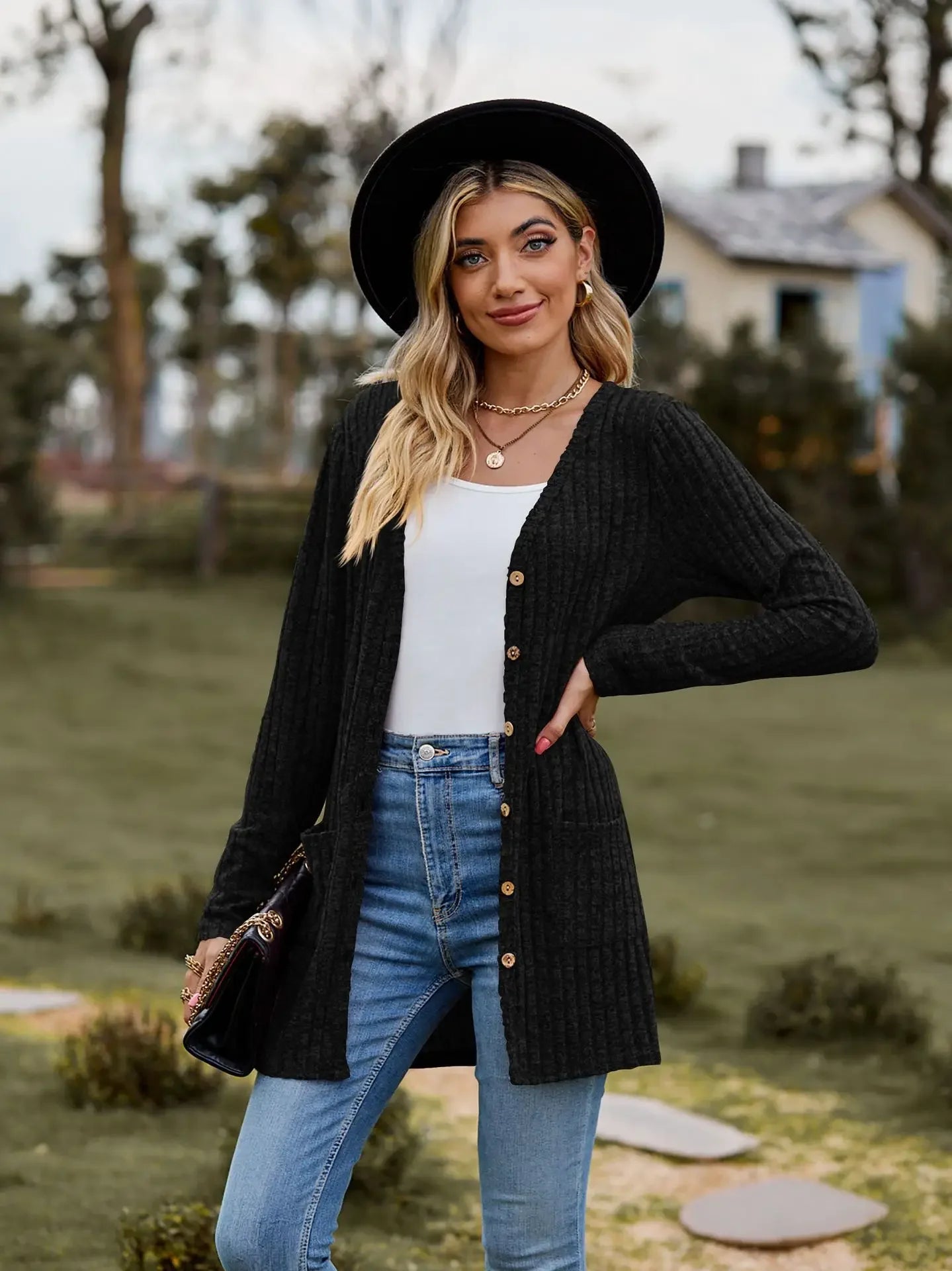V-Neck Button Knit Cardigan