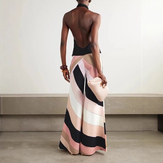 Colorblock Halter Wide Leg Jumpsuit