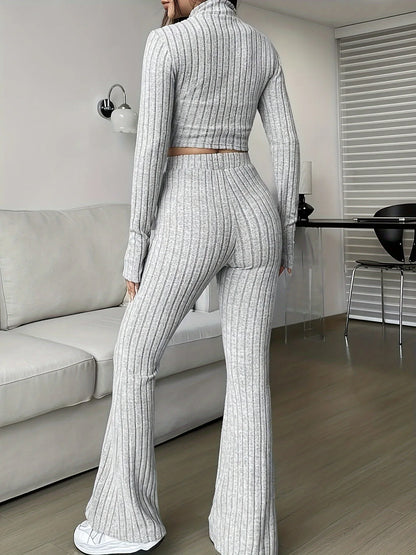 Zip Rib Knit Top and Pants Set