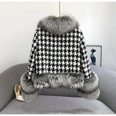 Faux Fur Houndstooth Coat