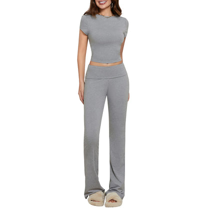 Solid Crop Top Pants Set