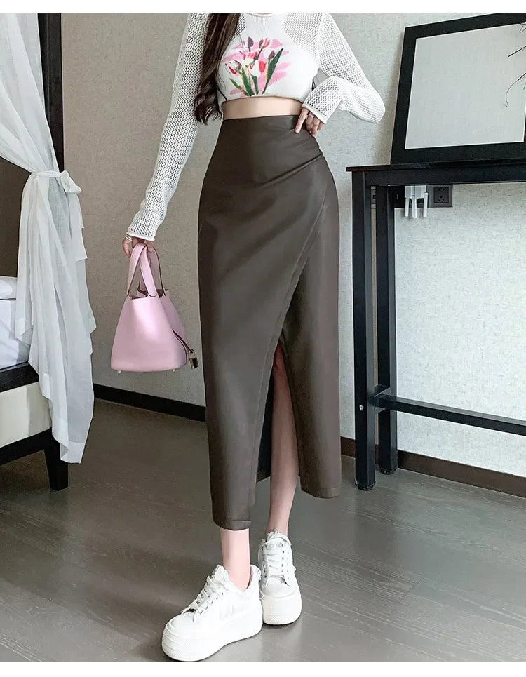 High Waist Front Split PU Leather Skirt