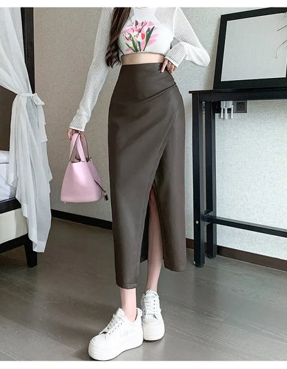 High Waist Front Split PU Leather Skirt