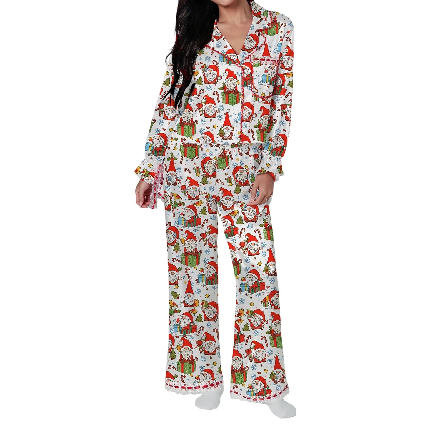 Santa Claus & Bow Print Satin Pajama Set