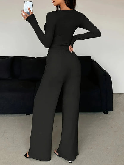 V Neck Top Wide Leg Pants Set