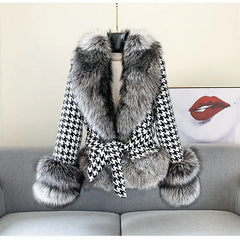 Faux Fur Houndstooth Coat